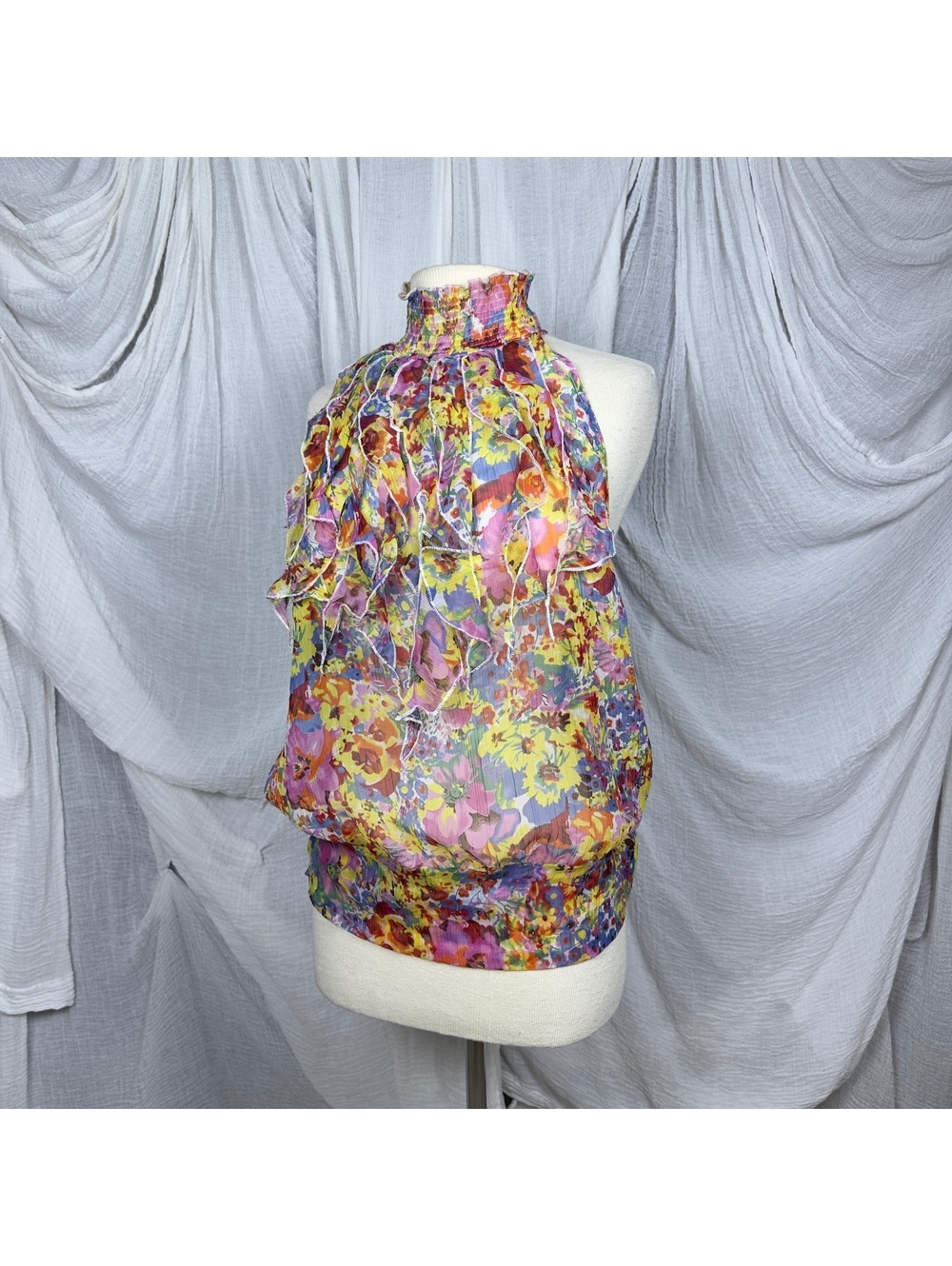 Passport Y2k Abstract Floral Ruffled Halter Top
